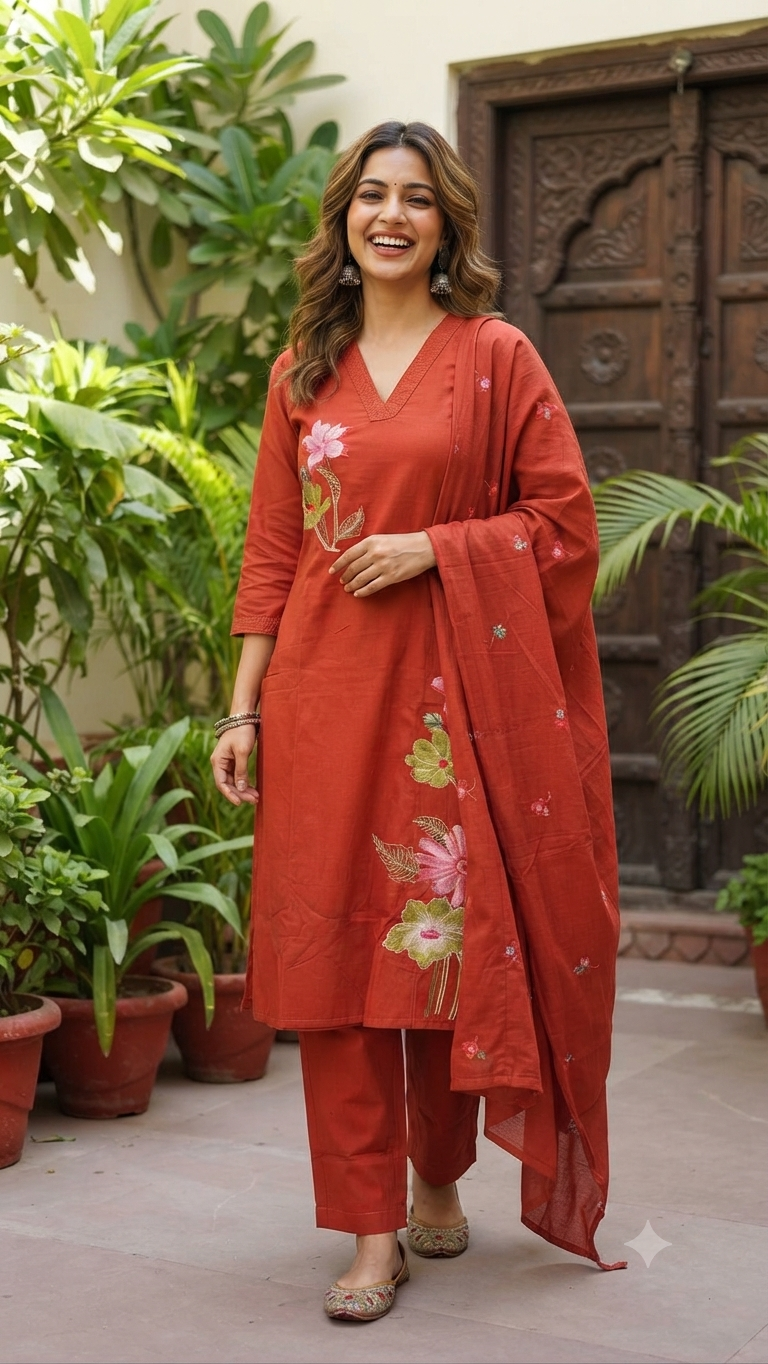 NAANAL Rust Cotton Salwar Set with Floral Embroidery | Traditional Indian Ethnic Wear