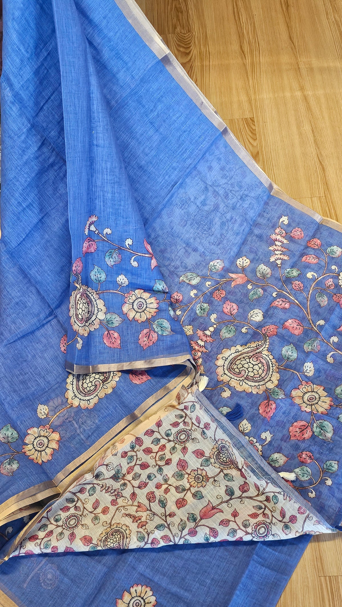 Sky Blue Kalamkari Linen Saree with Floral Pallu| Naanal
