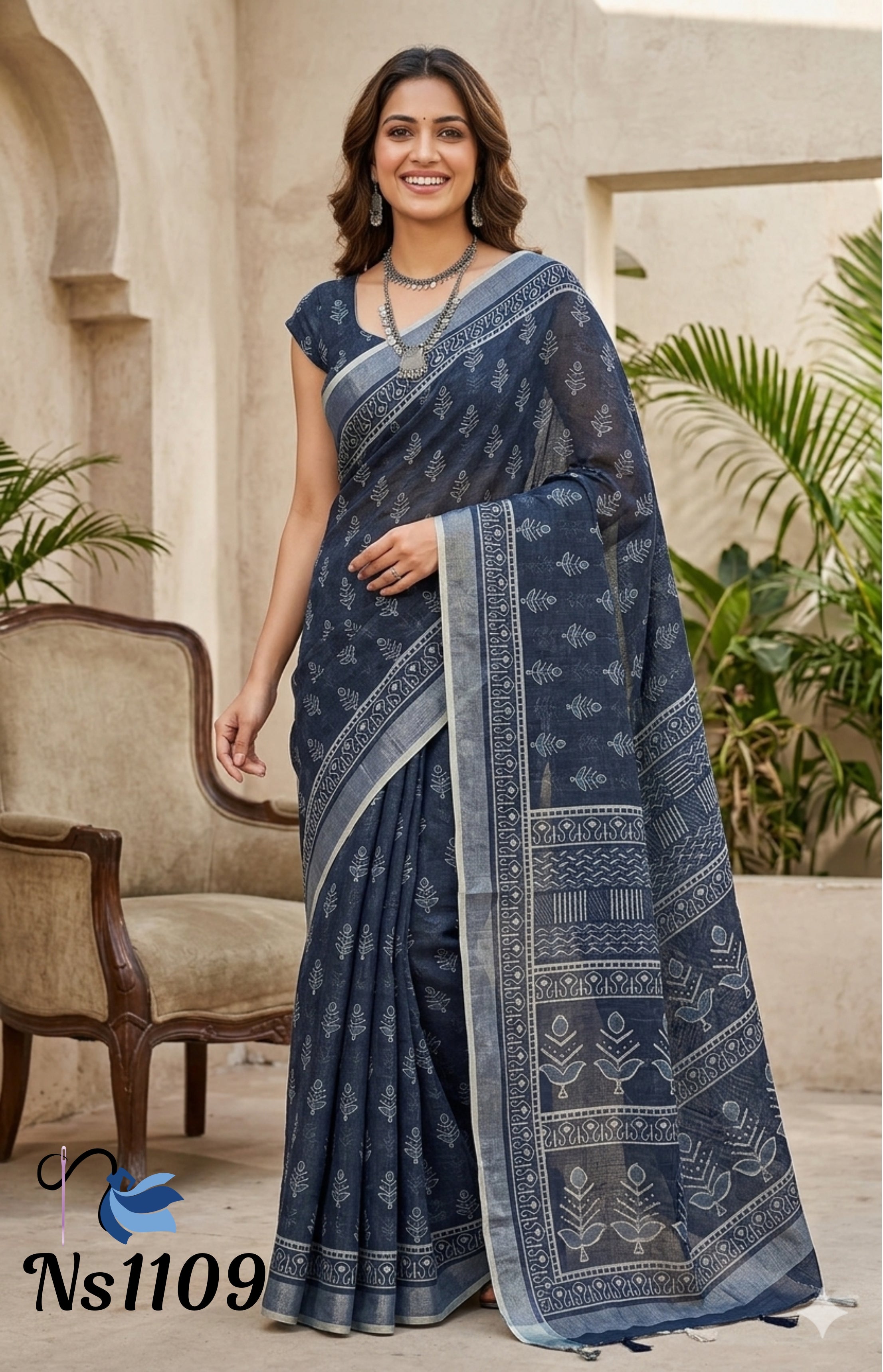 Indigo Floral Patterned Linen Cotton Saree | NAANAL