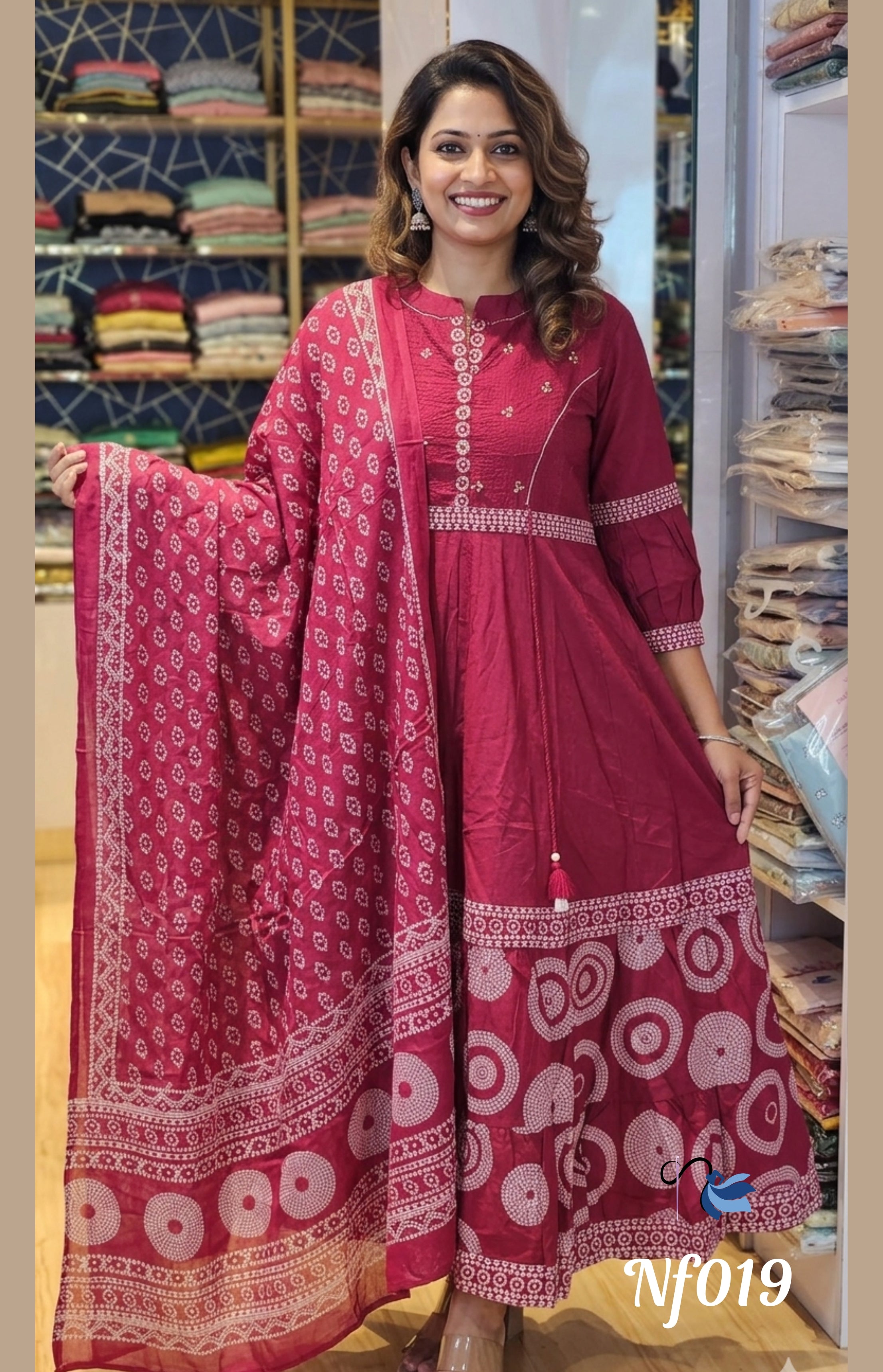 Deep Maroon Cotton Bandhani Print Anarkali Frock Set | NAANAL