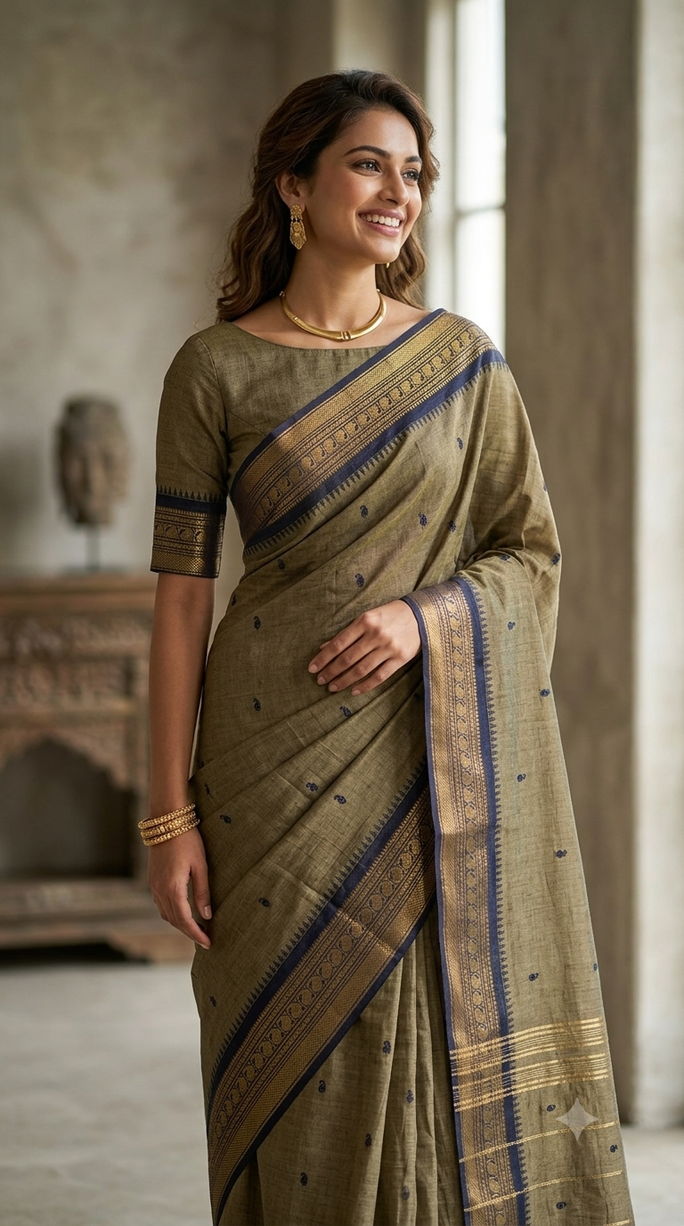 Smiling model wearing a stylish beige pure handloom Chettinad cotton saree with a contrast navy blue and gold border, paired with a matching boat neck blouse from the NAANAL office wear collection."