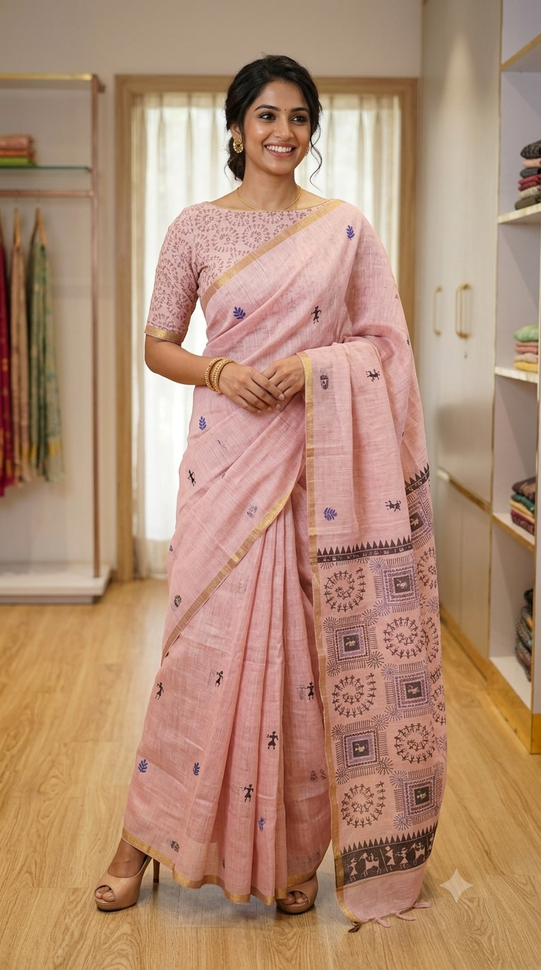 Warli Print Linen Cotton Saree in Blush Pink | Office Wear | Naanal