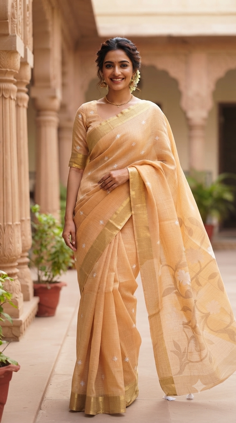 Elegant Light Peach Floral Linen Saree | NAANAL