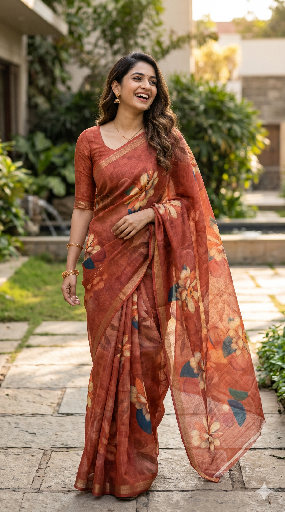 Rust Orange Floral Print Tussar Silk Saree | NAANAL