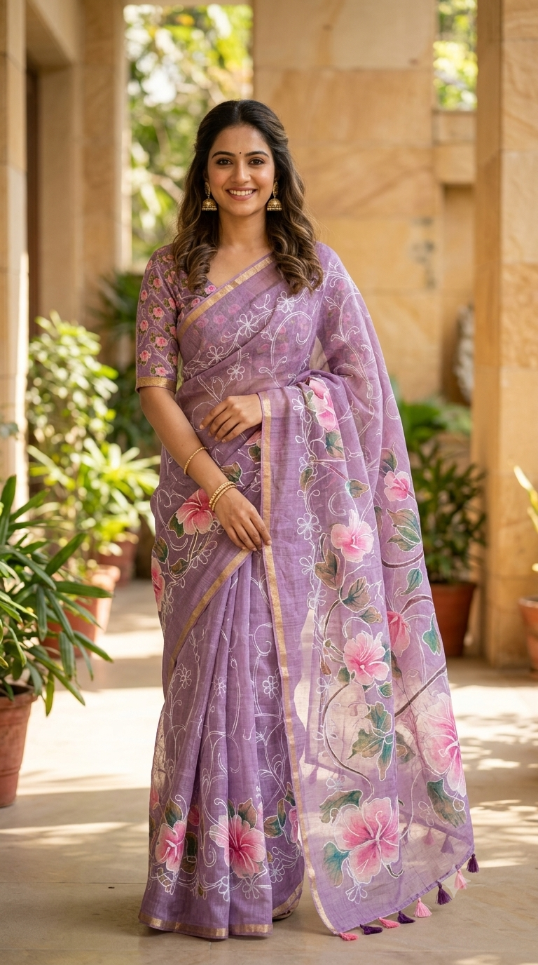 A woman wearing a lavender purple floral saree with pink and green floral prints, standing in a sunlit outdoor corridor with stone pillars and potted plants.