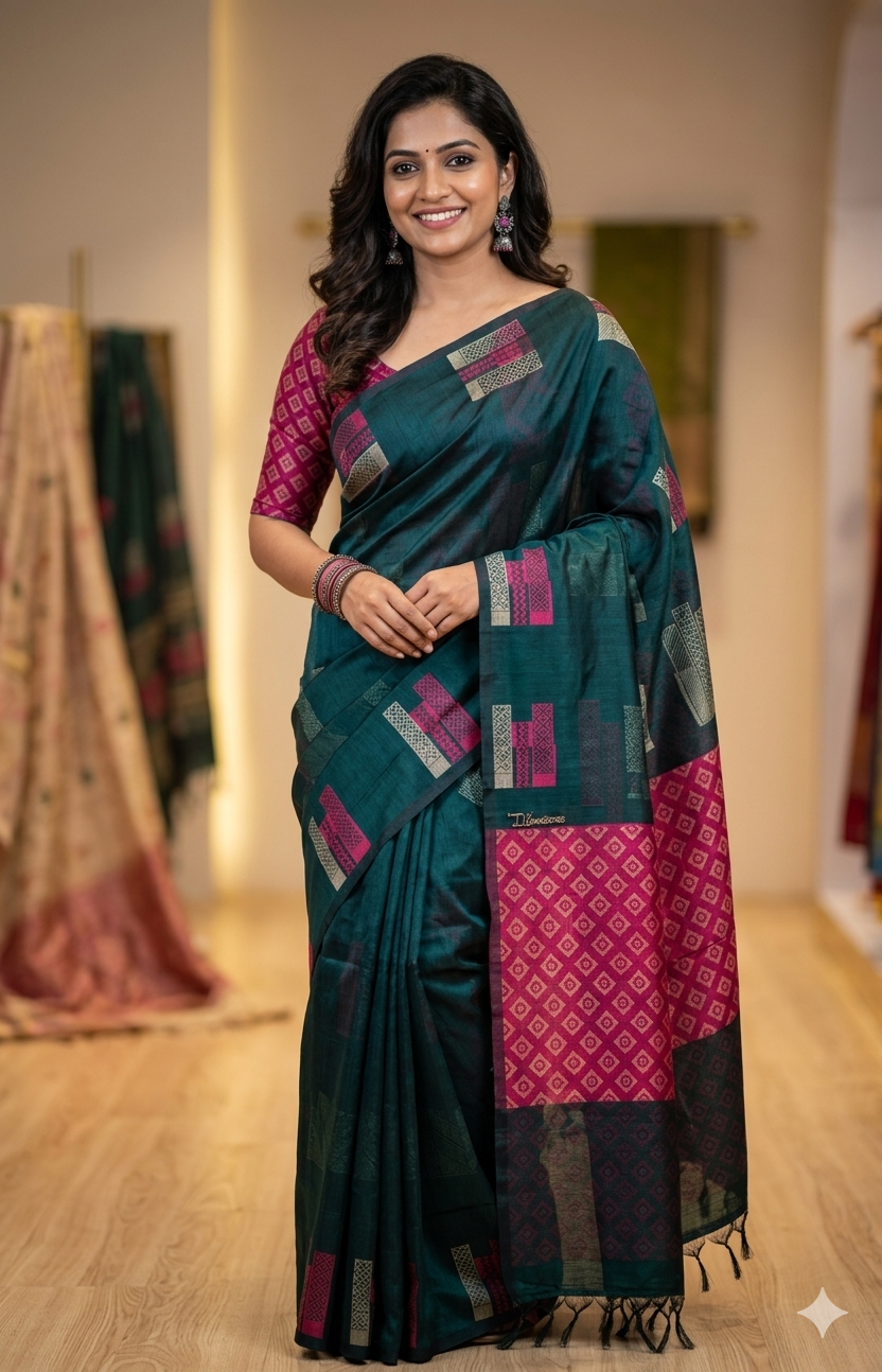 Handwoven Silk Cotton Saree - Green & Pink | Naanal