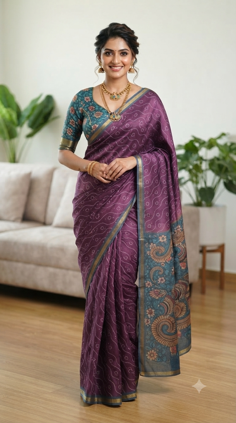 A woman modeling a purple and teal blue patterned sari with a matching printed blouse in a bright living room setting.