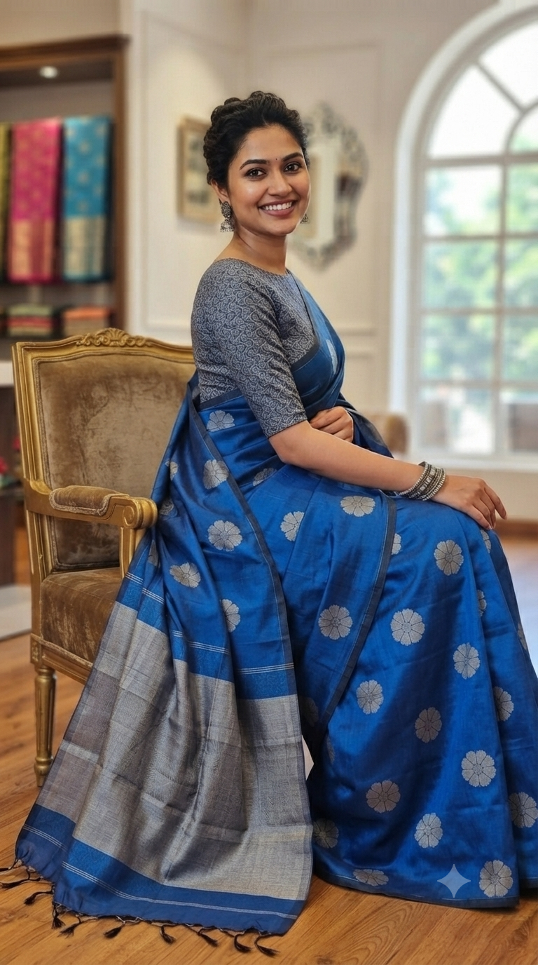 Royal Blue Floral Weave Silk Cotton Saree | NAANAL