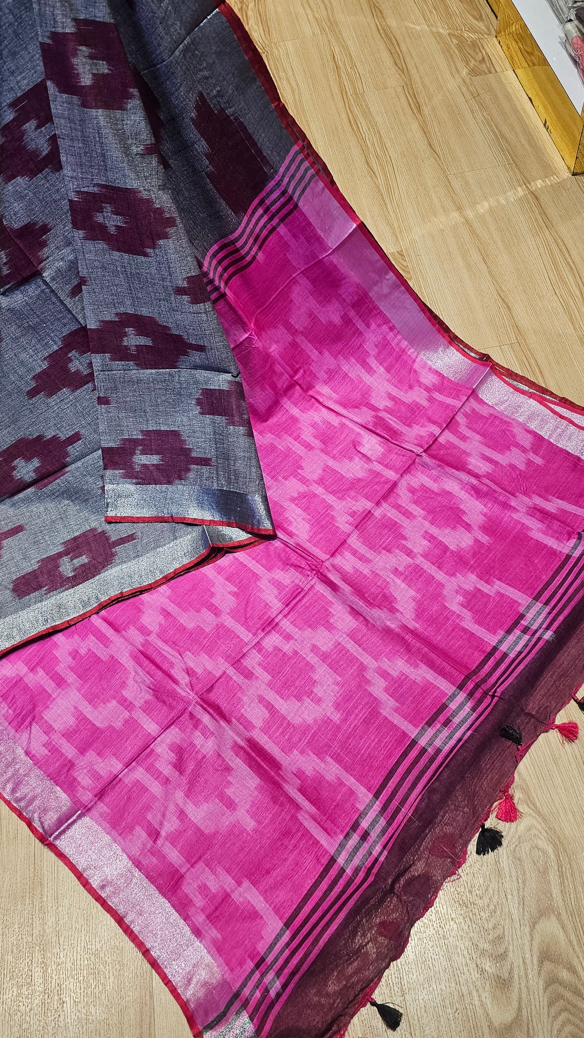 Charcoal Grey & Rani Pink Ikkat Linen Cotton Saree | Formal Workwear Collection