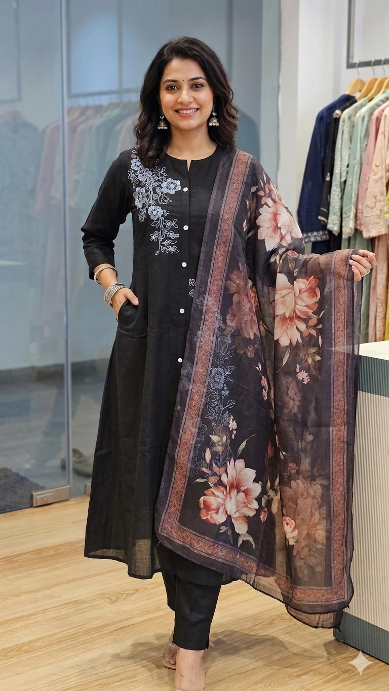 Black Floral 3-Piece Set | Festive Ethnic Wear | Naanal
