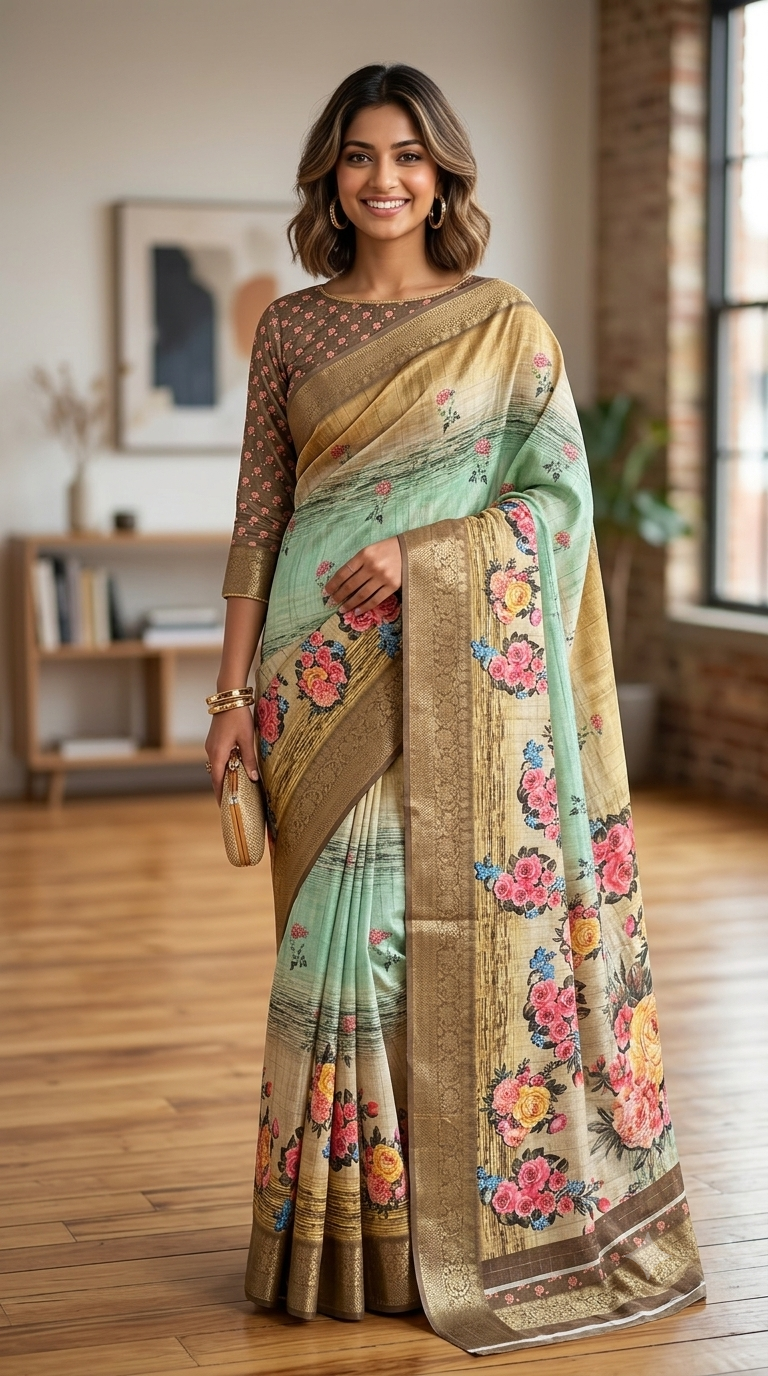 Floral Digital Dola Silk Saree with Zari Border | NAANAL