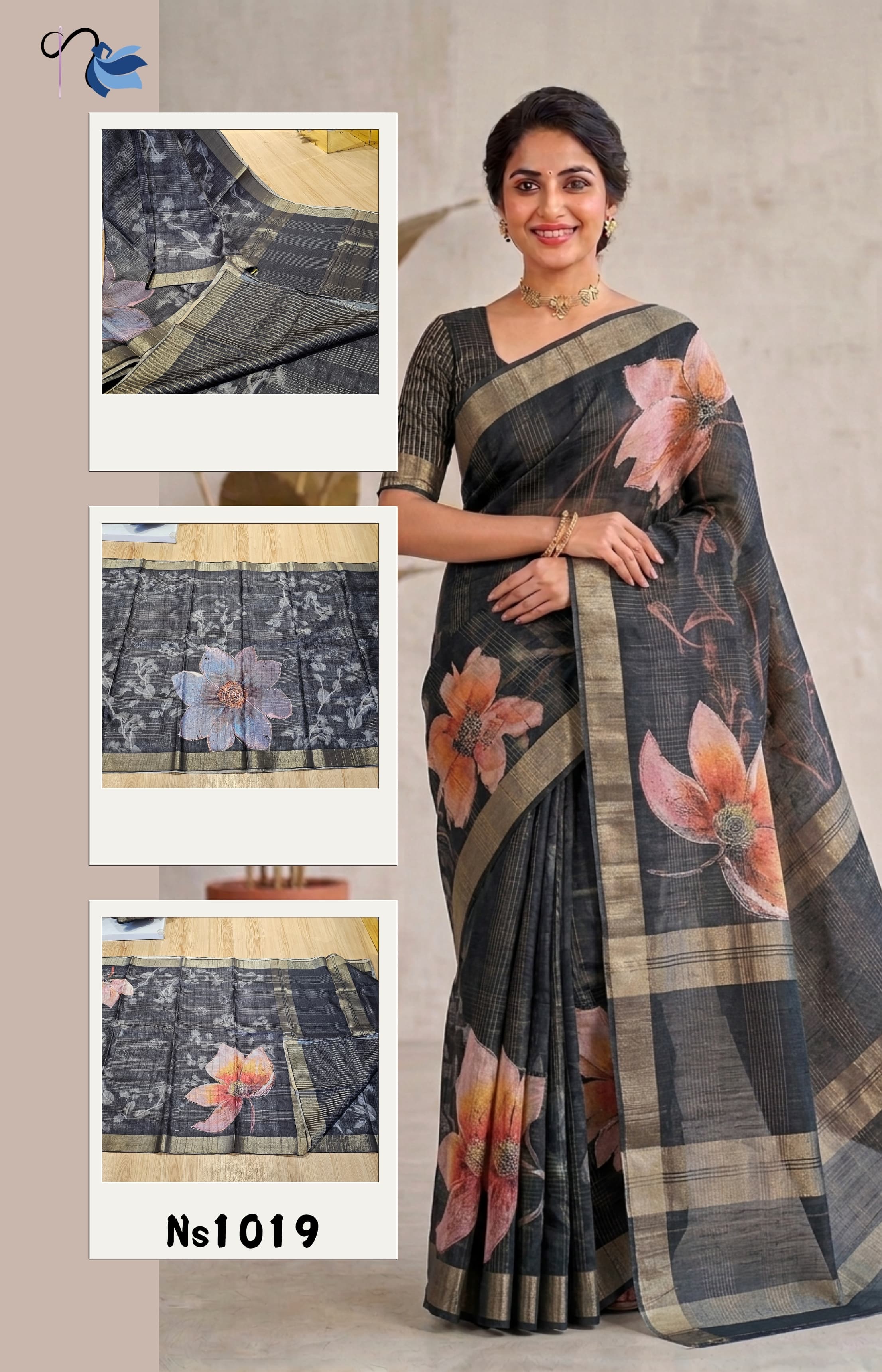 Woman wearing a floral saree with close-up insets on a neutral background