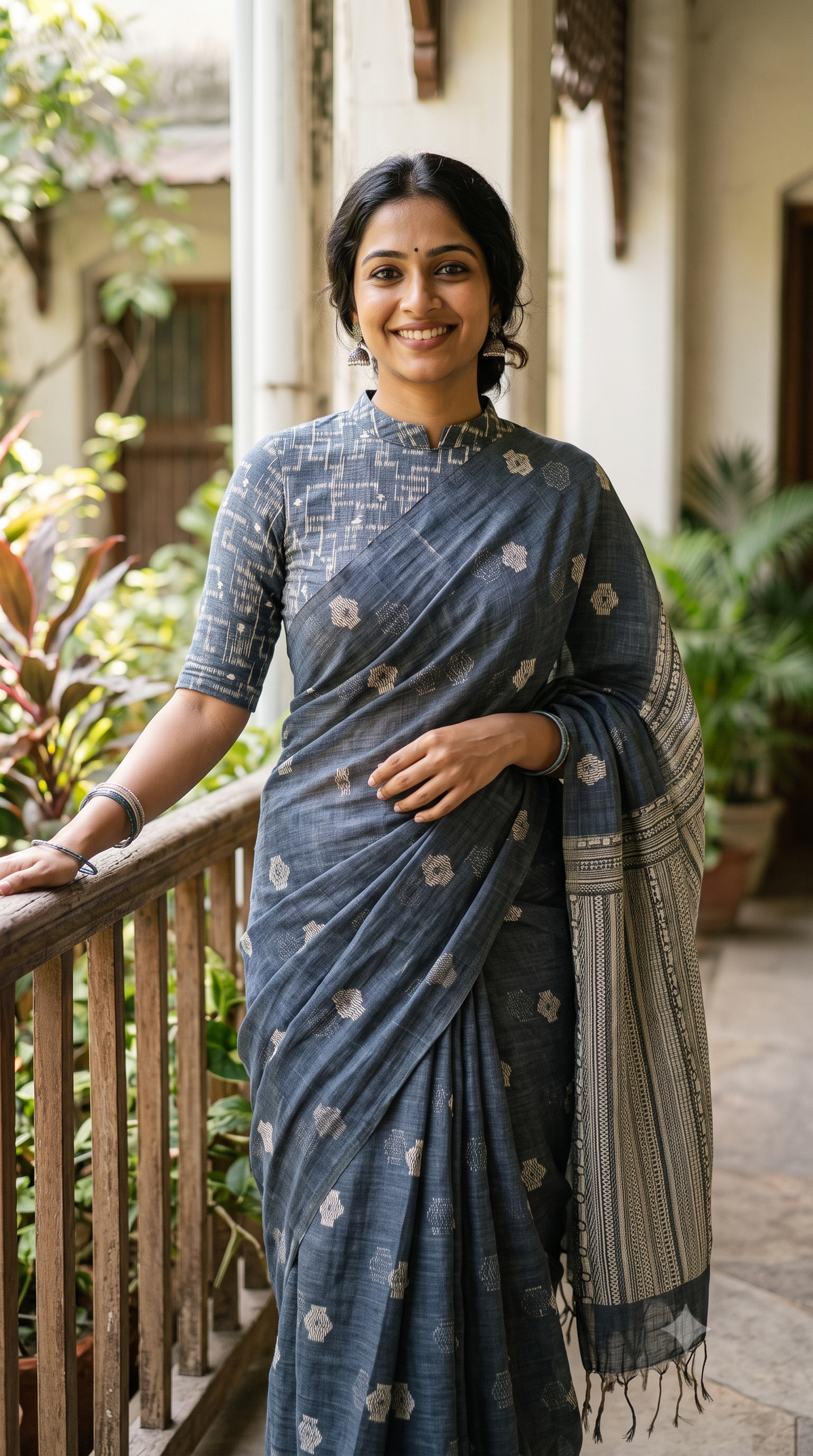 NAANAL | Blue-Grey Borderless Cotton Saree with Weaving Buttas