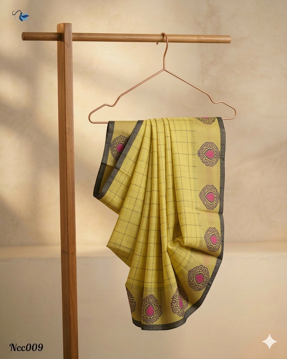 A sunny yellow Chettinad cotton saree with small checks draped elegantly over a rose gold hanger. The saree features a wide, charcoal grey border. Intricate circular traditional mandapam motifs are woven into the grey border in dark thread, with vibrant pink centers. The entire piece hangs on a simple wooden stand.