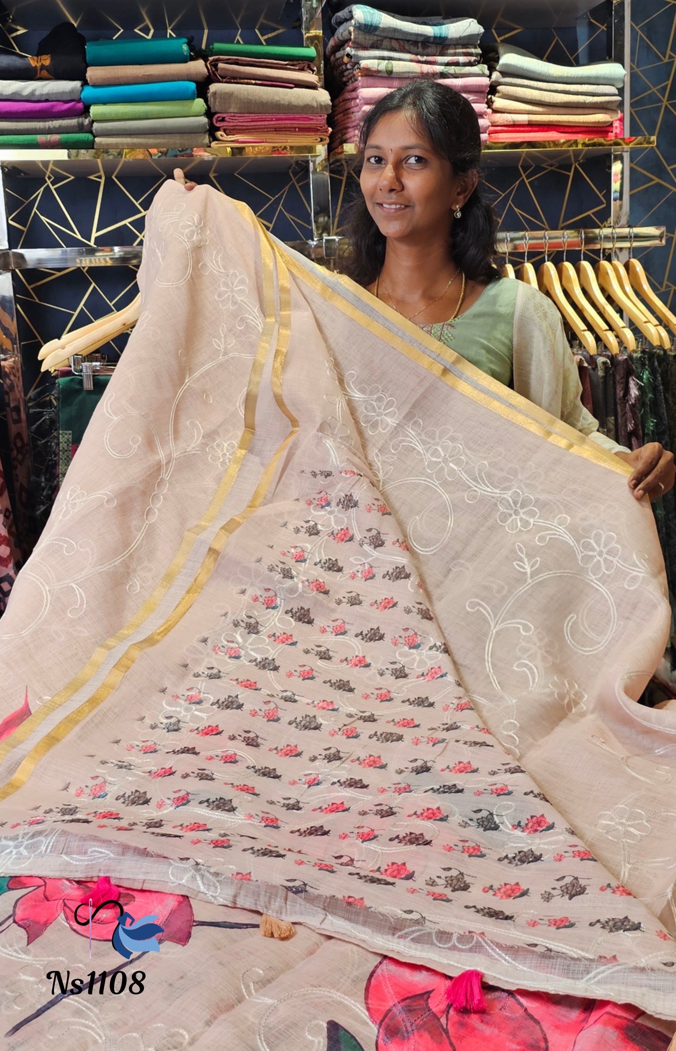 Graceful Lotus Print Linen Cotton Saree | NAANAL