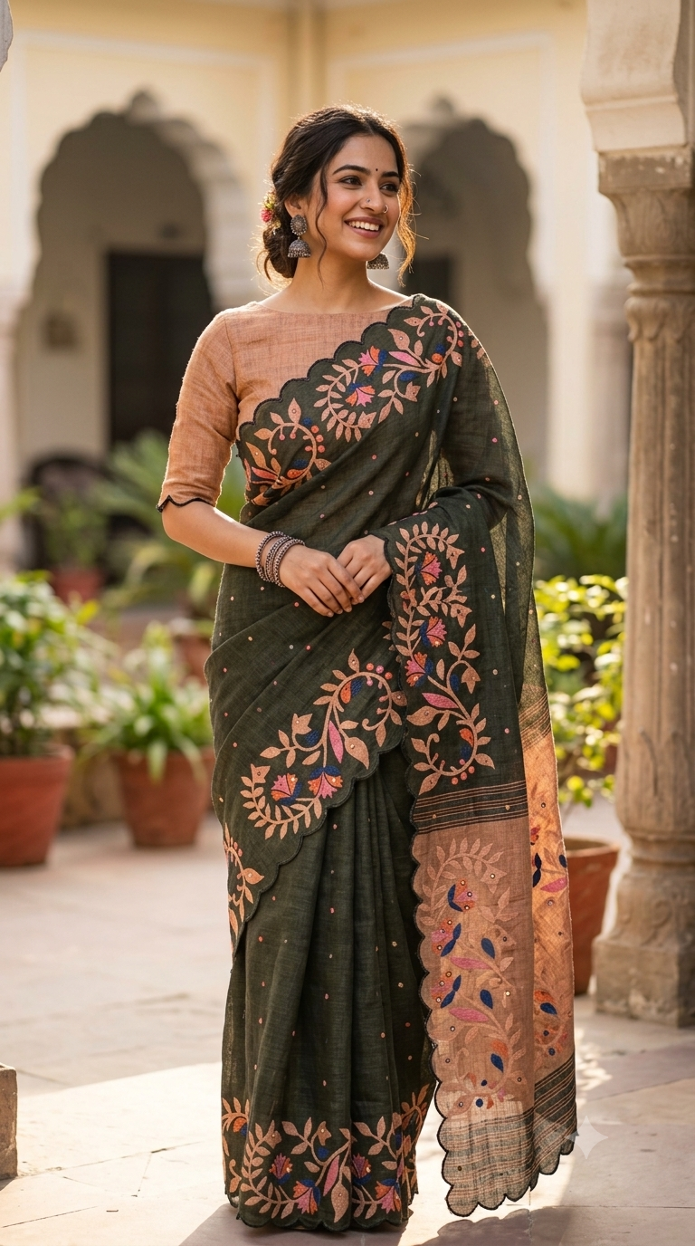 A woman wearing a dark olive green saree with intricate floral printed in pink, orange, and gold, paired with a beige blouse, standing in an outdoor courtyard with arches and potted plants.