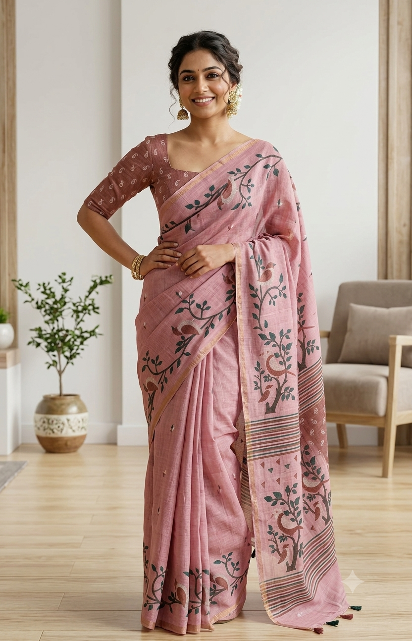 NAANAL | Onion Pink Linen Cotton Saree with Bird Motifs