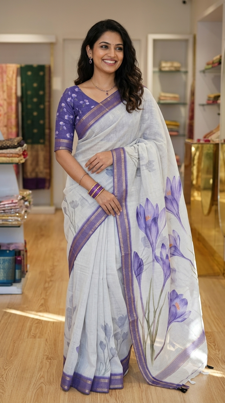 Breathable Floral Linen Saree in White and Purple | NAANAL