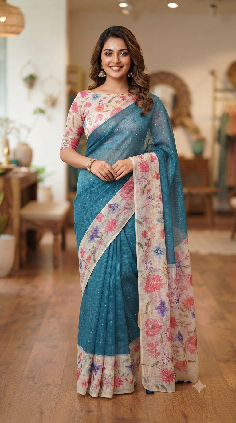 Elegant model wearing a blue Kota Cotton saree with floral print pallu and a matching floral printed blouse, smiling gracefully in a boutique setting