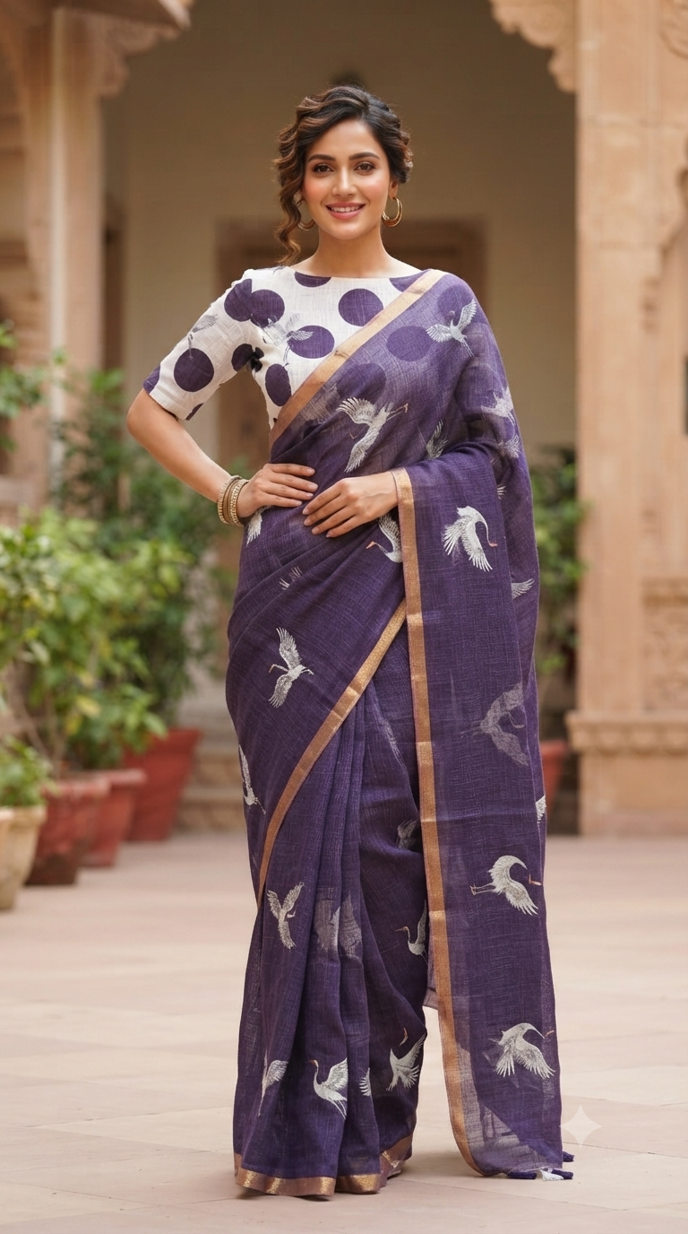 Elegant Crane Print Linen Cotton Saree | Office Wear Collection | NAANAL