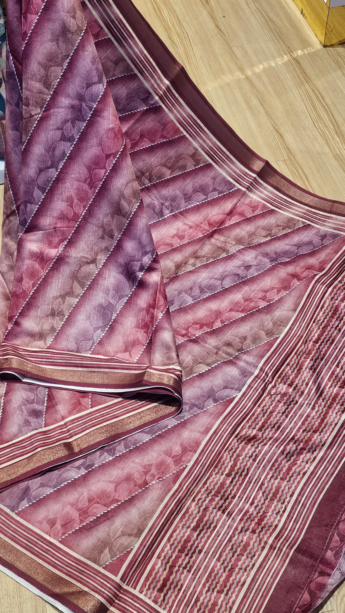 Maroon & Purple Diagonal Striped Tussar Silk Saree | NAANAL