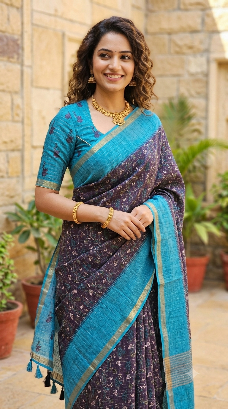 Charcoal Purple Linen Cotton Saree with Cyan Blue Border & Zari Accents | Naanal
