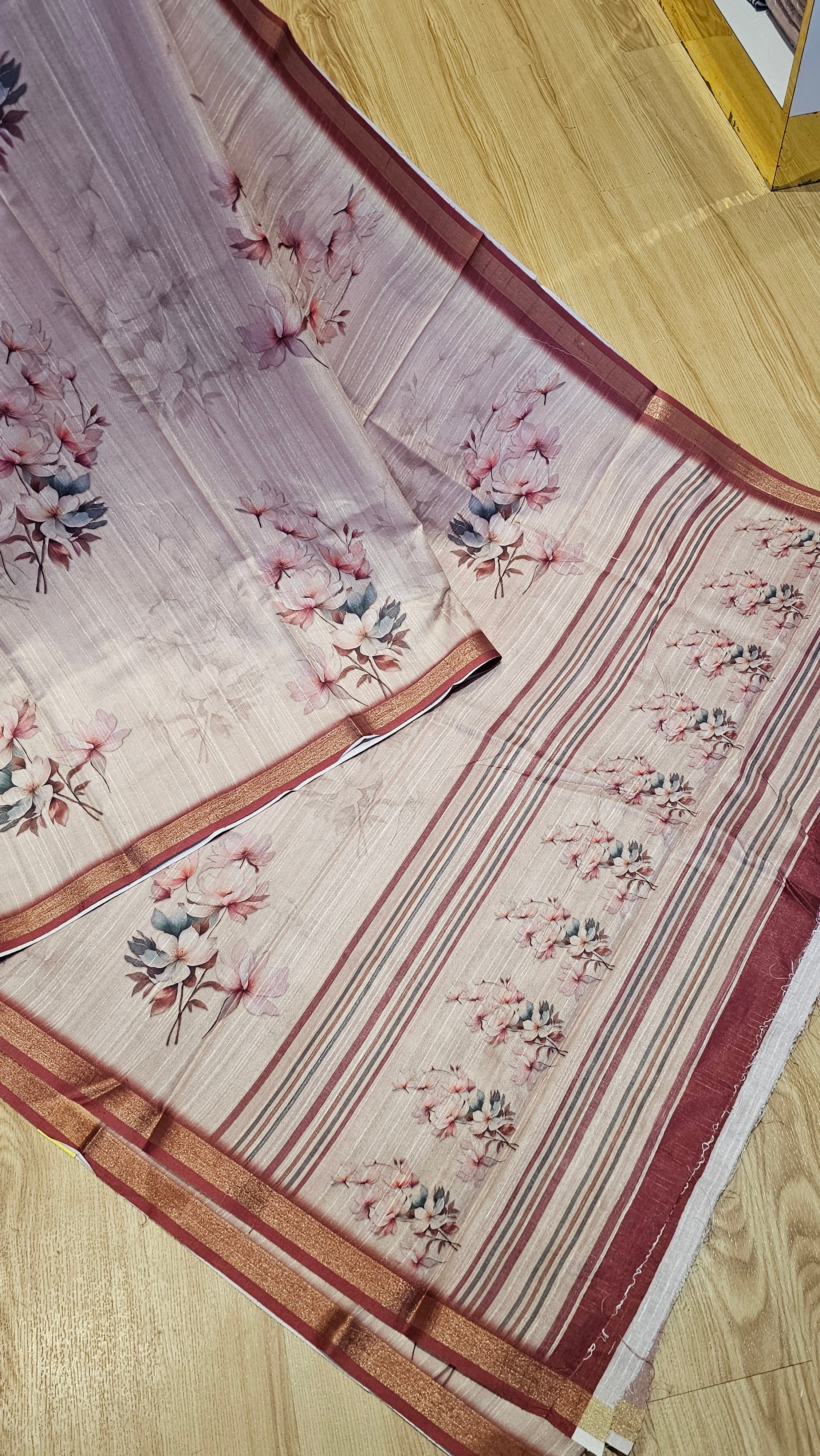 Elegant Floral Printed Tussar Silk Saree with Blouse | Naanal