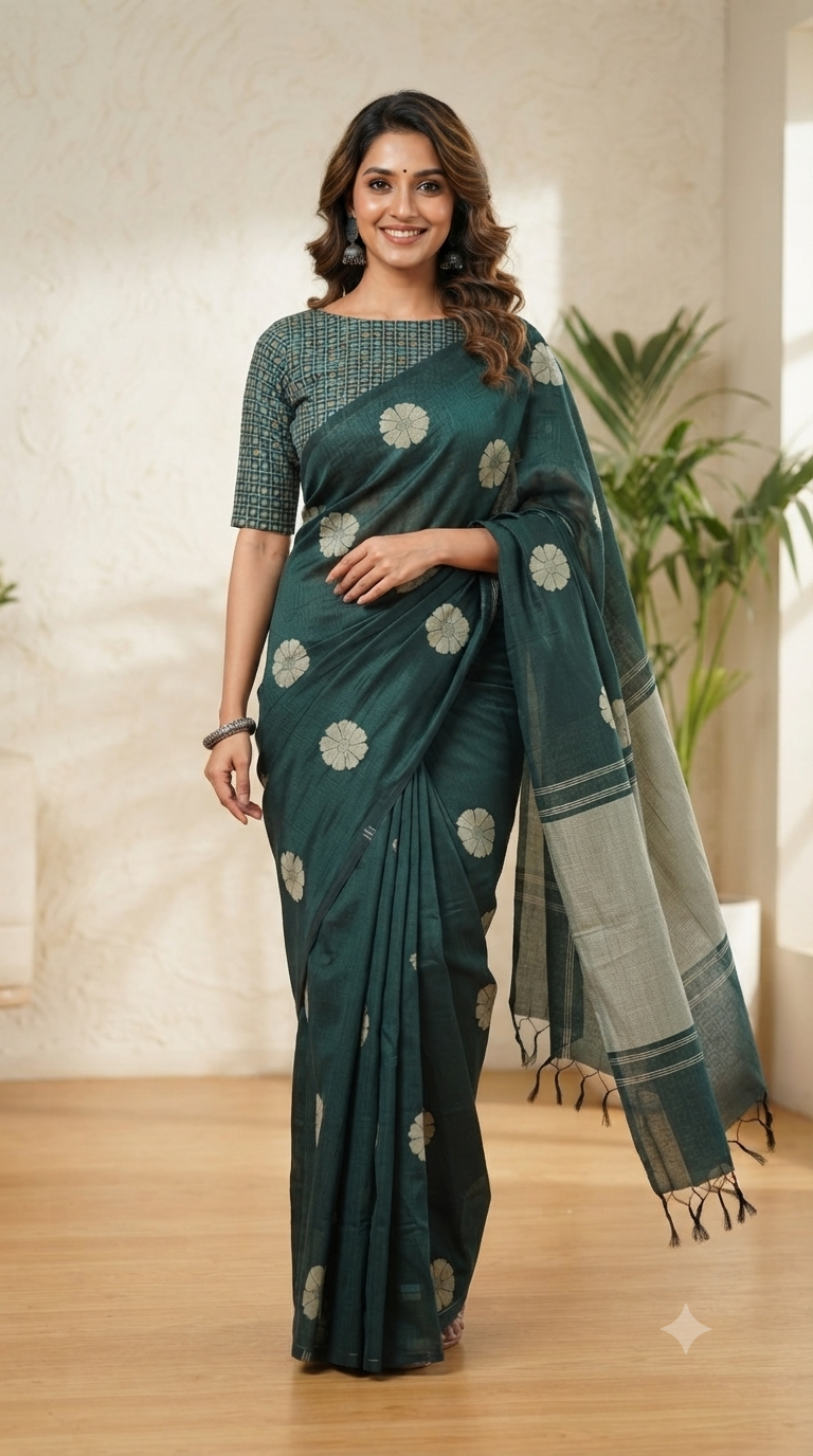 Elegant Dark Green Silk Cotton Saree with Floral Motifs and Matching Blouse – NAANAL