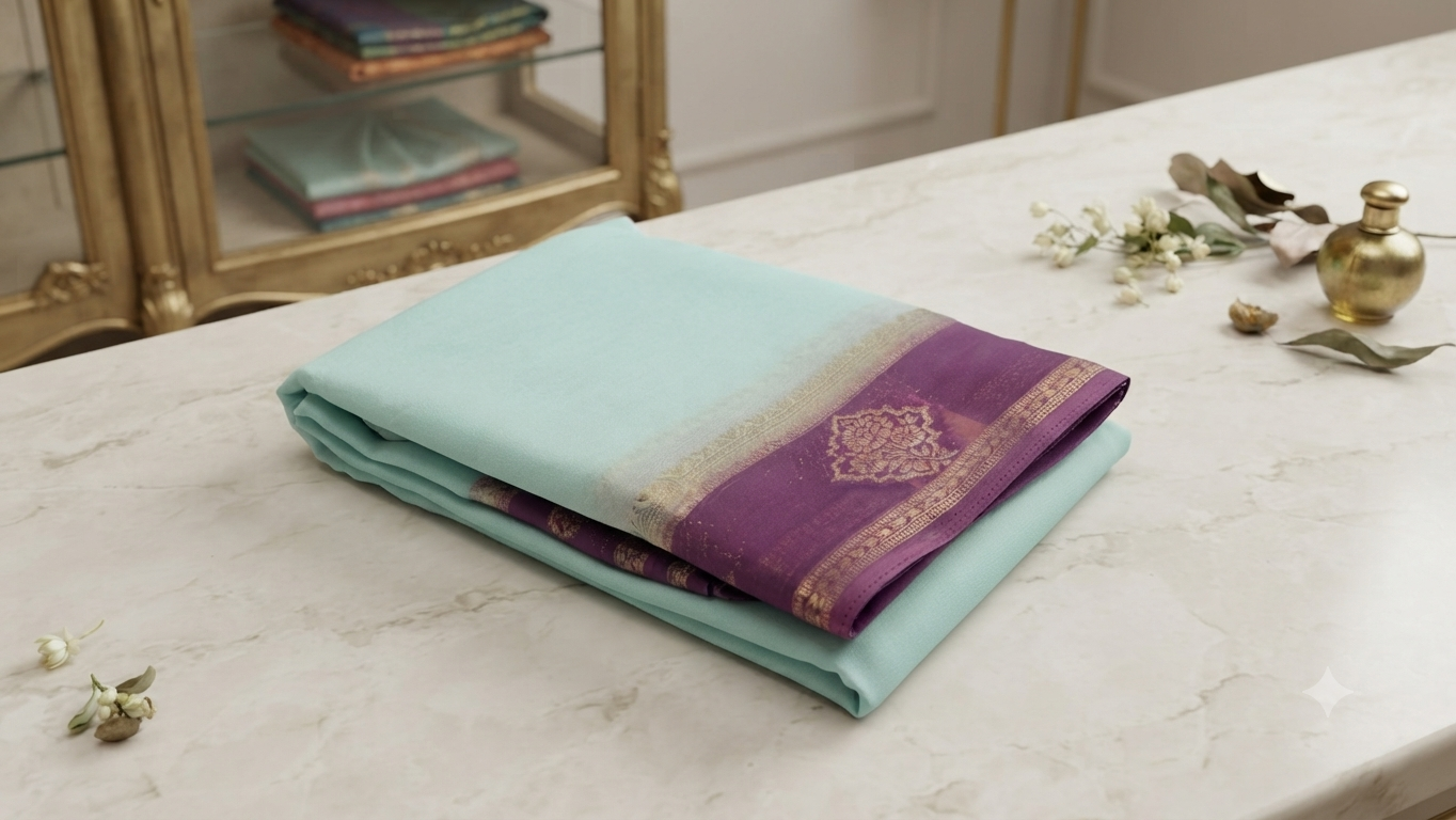 Buy Premium Georgette Saree Online | Mint Green & Purple Designer Saree – NAANAL