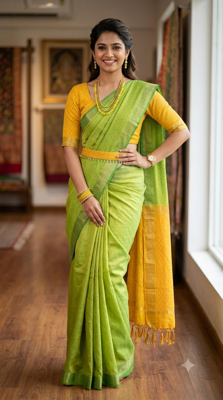A woman modeling a traditional Indian saree in a bright indoor hallway. The saree is lime green with a yellow border and a yellow blouse, accessorized with gold jewelry.
