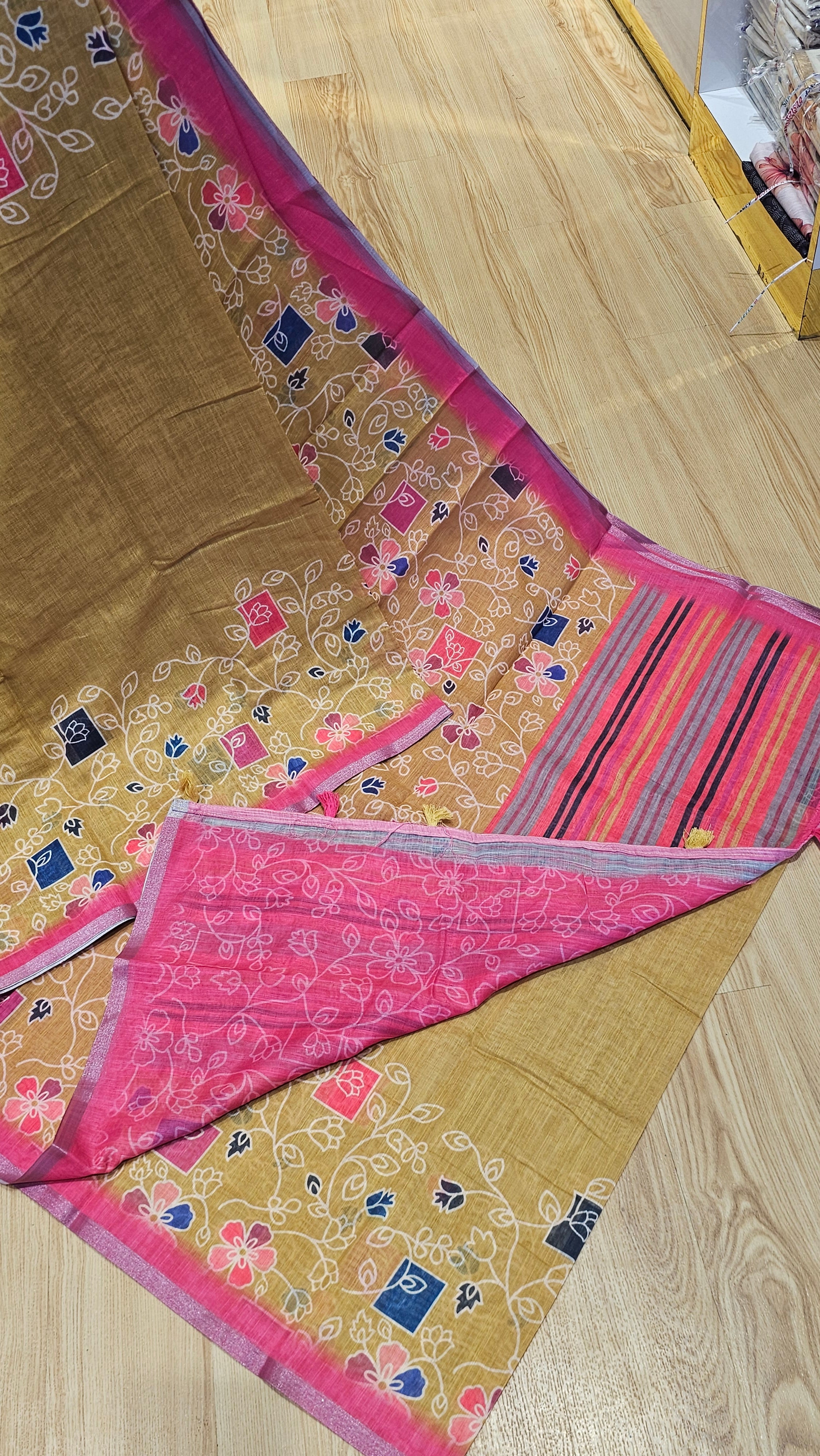 Floral Printed Mustard Linen Cotton Saree | Buy Online