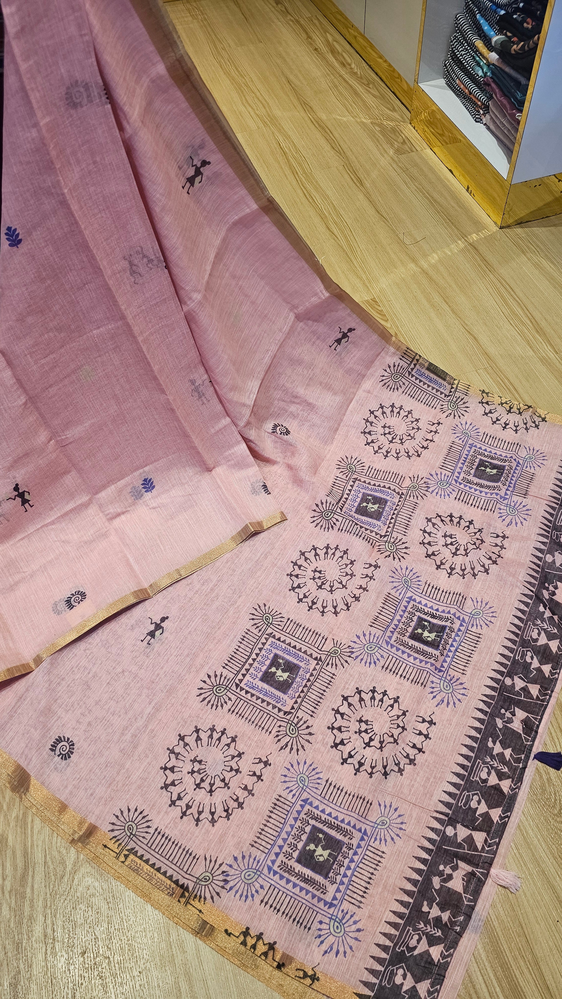 Warli Print Linen Cotton Saree in Blush Pink | Office Wear | Naanal