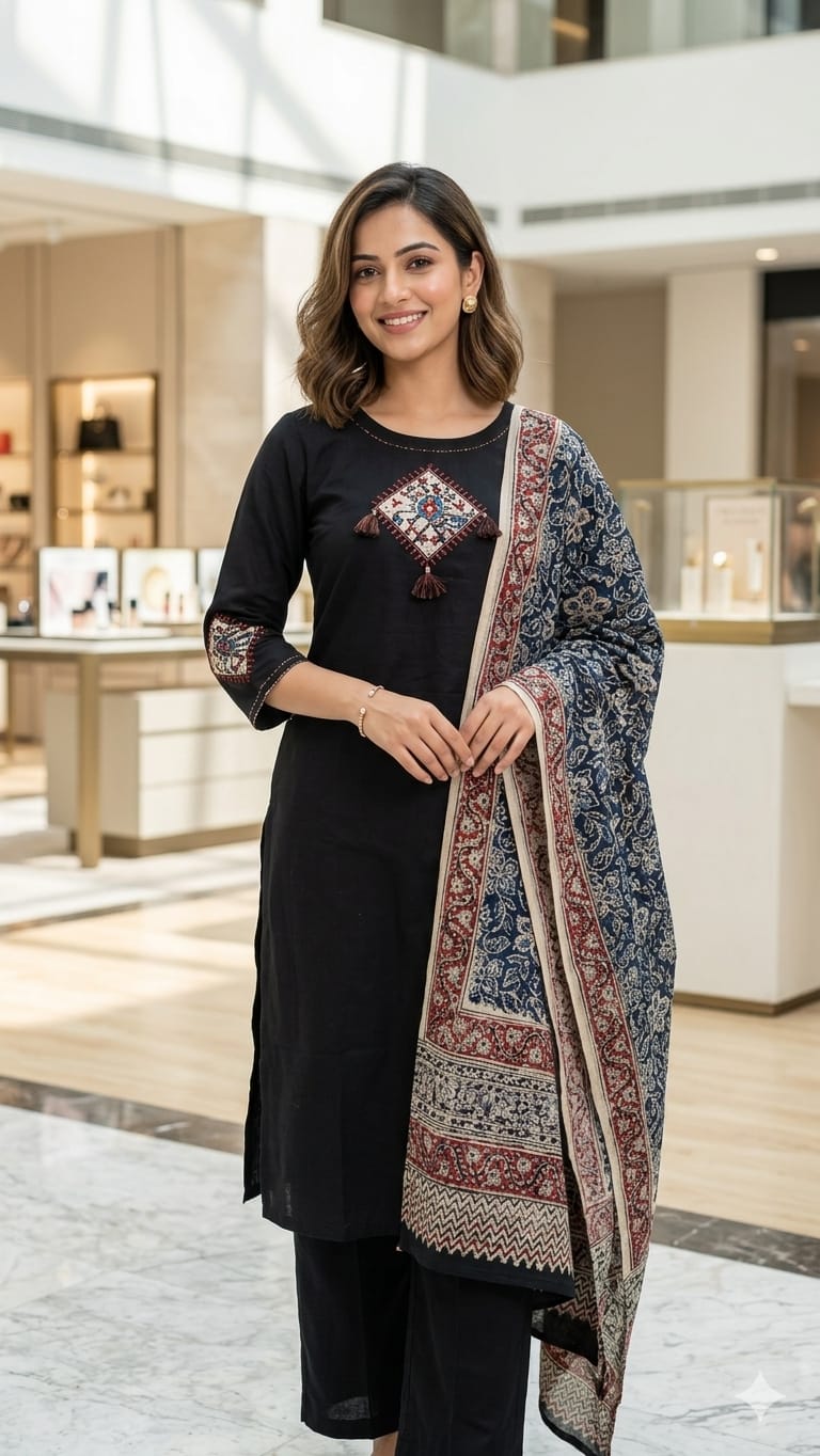 Model styled in a classic black Jaipur cotton 3-piece salwar suit paired with a traditional, multi-colored Kalamkari dupatta, perfect for sophisticated ethnic fashion by Naanal.