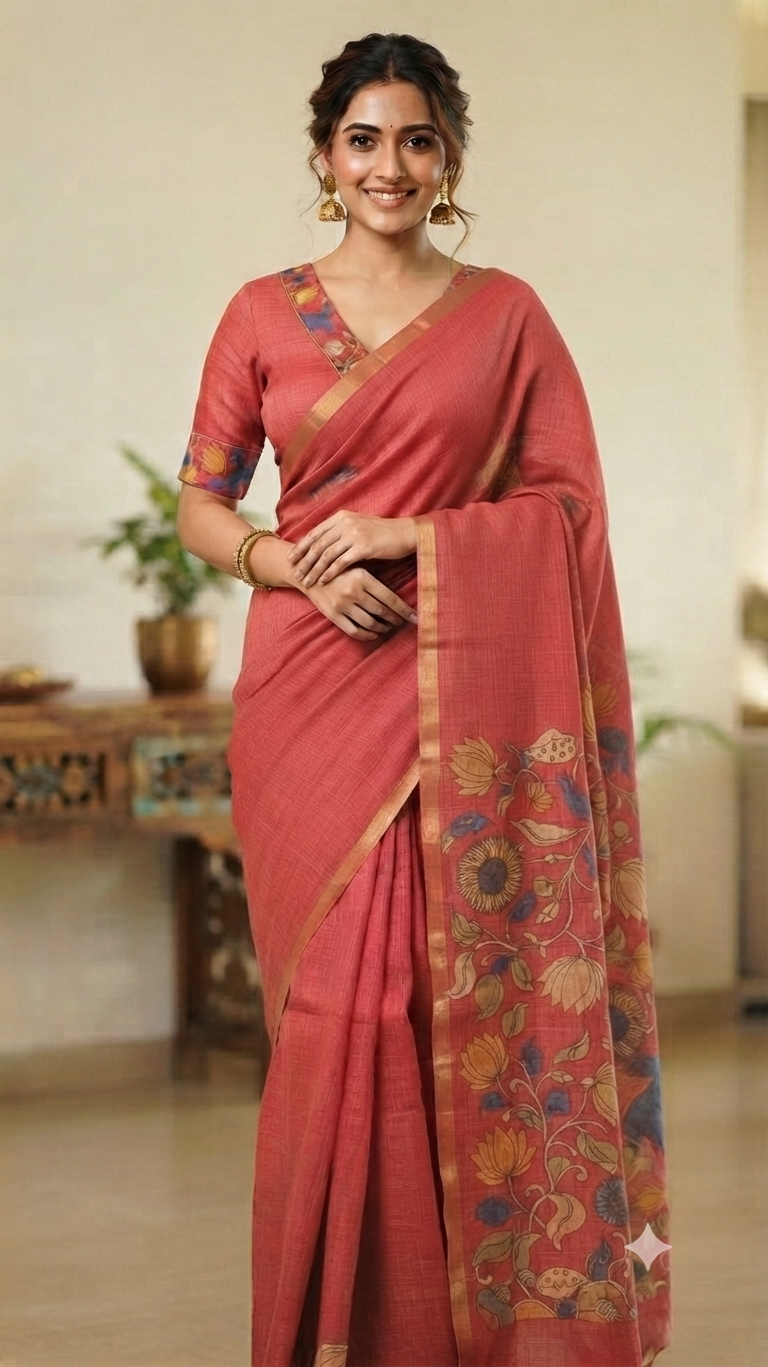 Woman wearing a plain linen cotton saree with a decorative designer pallu, styled for a professional office look."