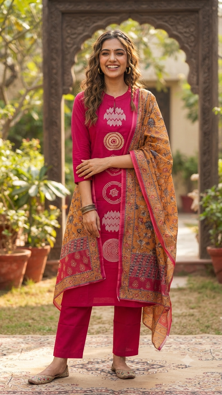 Vibrant Magenta Cotton Salwar Set with Traditional Motifs | NAANAL