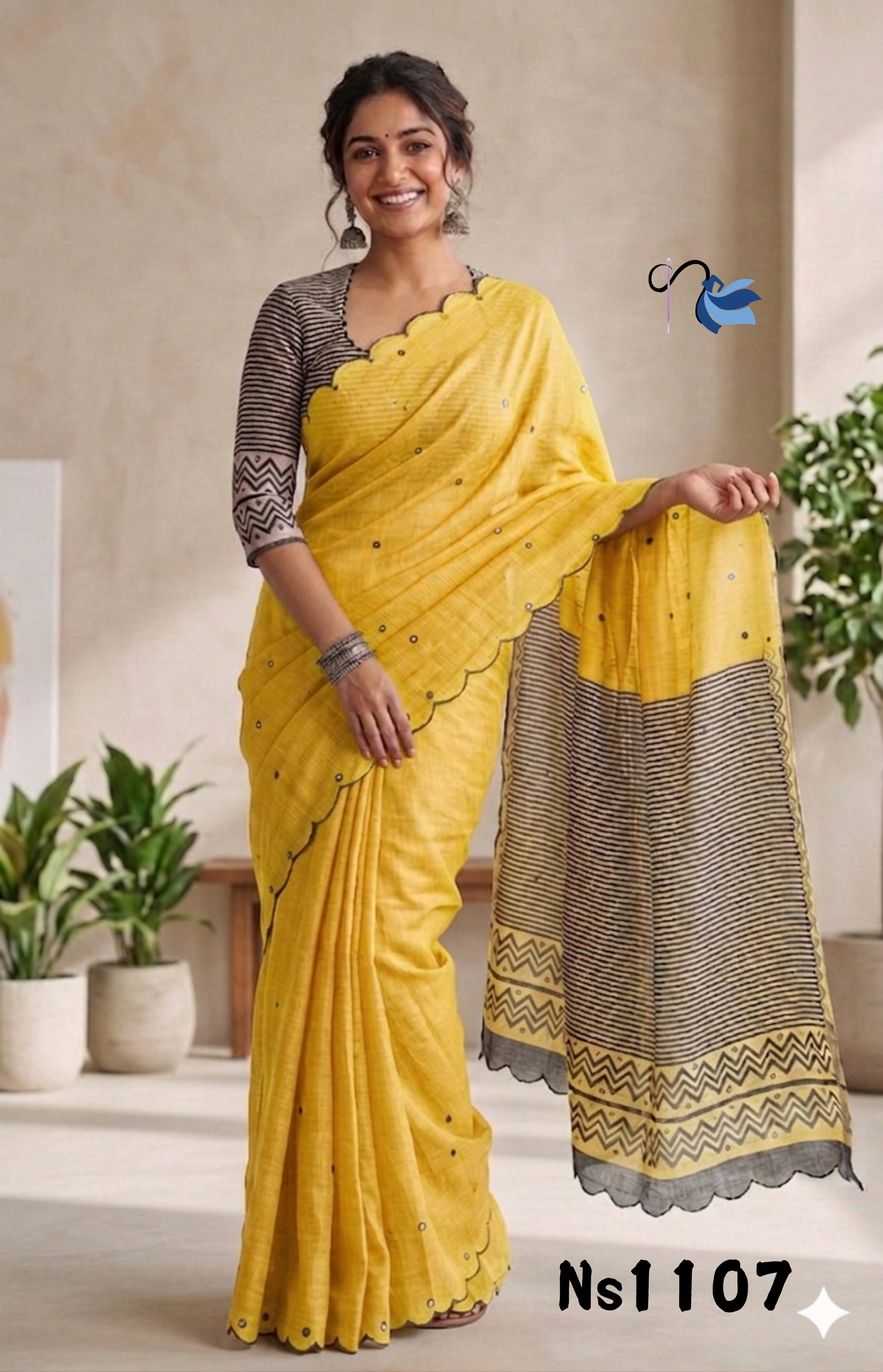 Yellow Linen Cotton Saree with Scalloped Embroidery