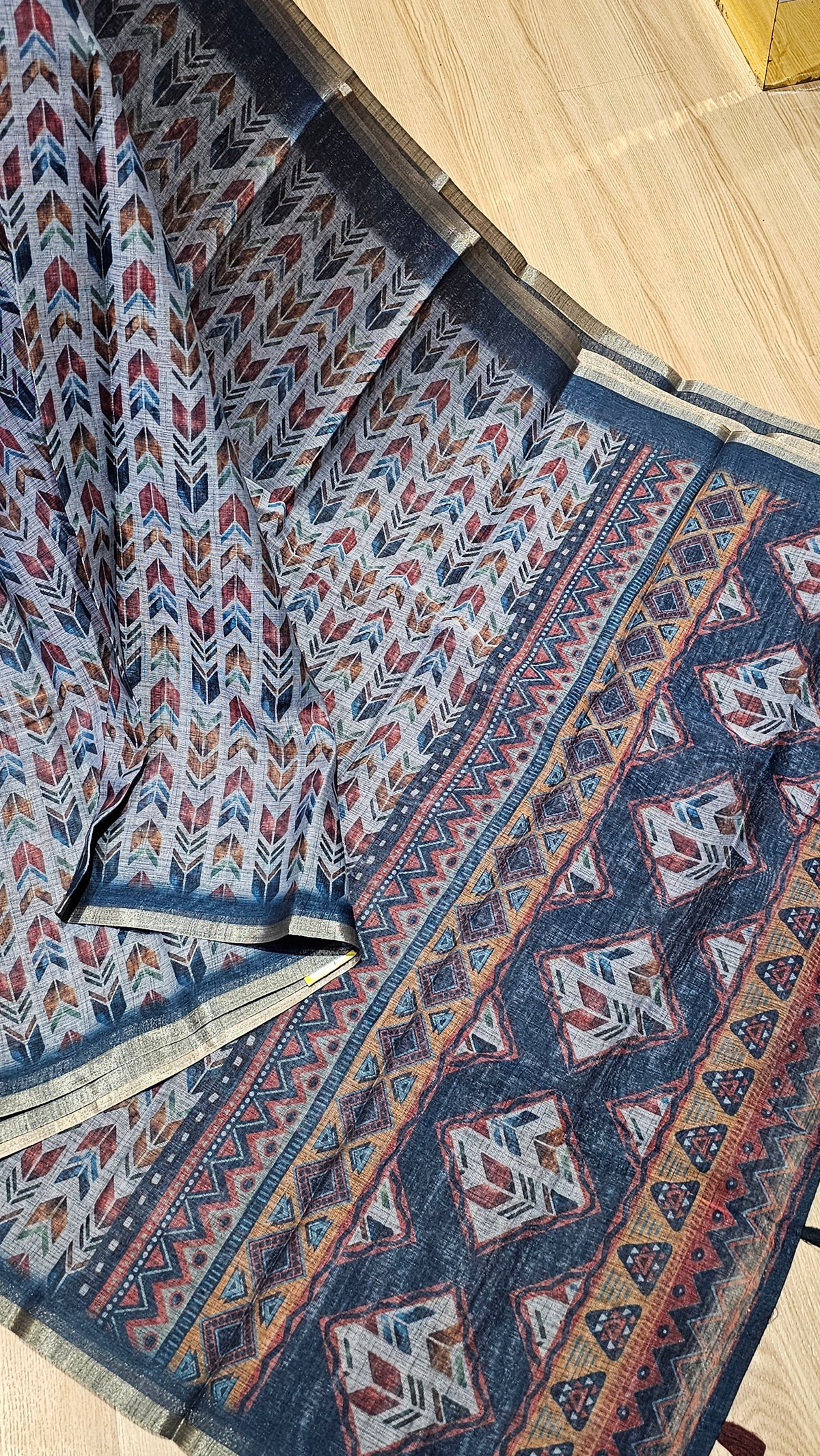 Geometric Print Linen Cotton Saree - Office Wear | NAANAL