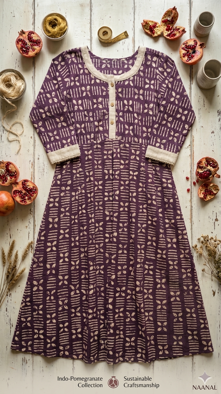 Indigo-Pomegranate Hand-Block Printed Cotton Frock | Naanal