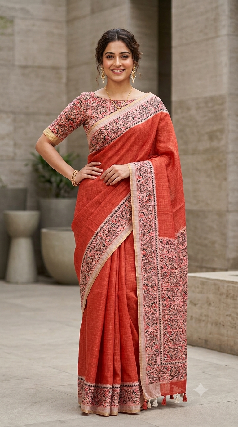 Rust Orange Linen Saree with Kalamkari Print | Naanal