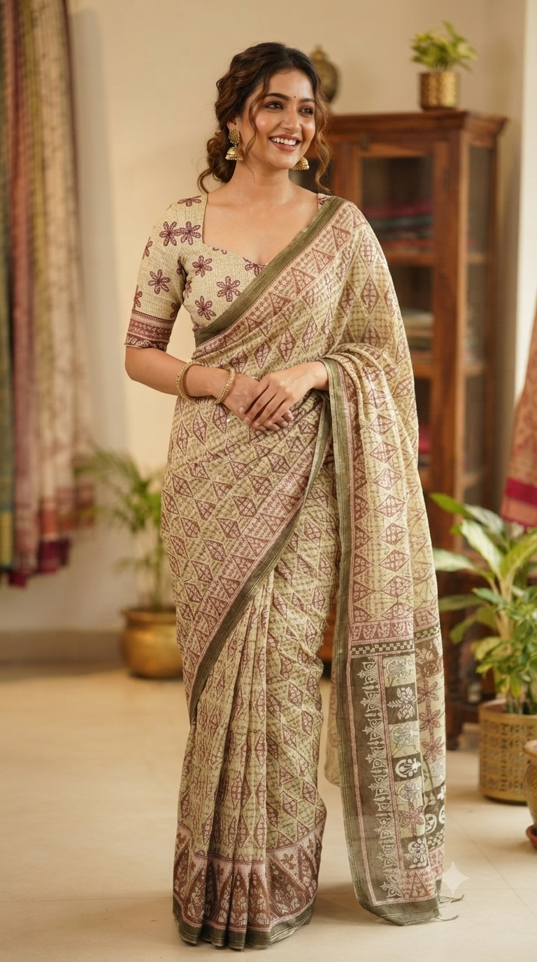 Sage Green & Brown Geometric Print Chanderi Cotton Saree | Ethnic Festive Wear