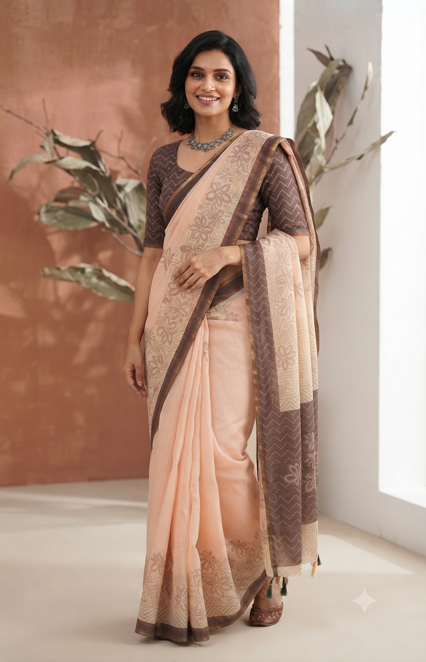 A professional woman wearing a peach linen cotton saree with a dark brown chevron-patterned blouse and pallu from the NAANAL Office Wear Series.