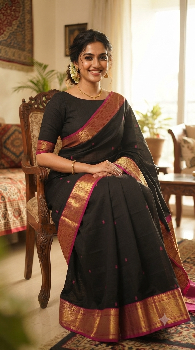 Twilight Black – Handwoven Chettinad Cotton Saree | NAANAL