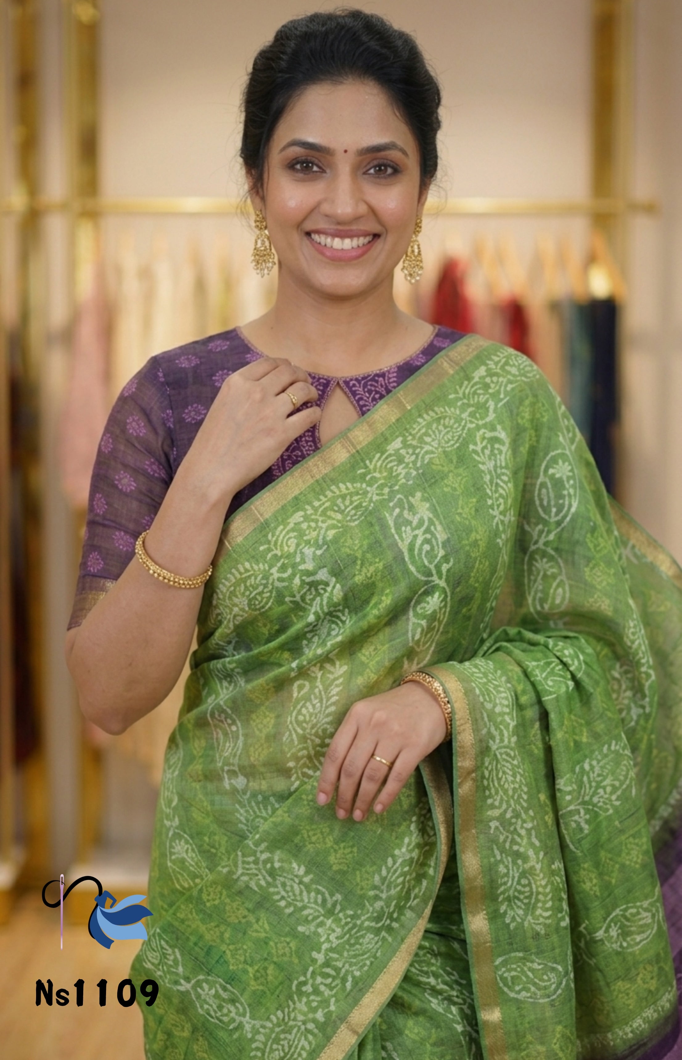 Forest Green & Royal Purple Block Print Linen Saree | NAANAL