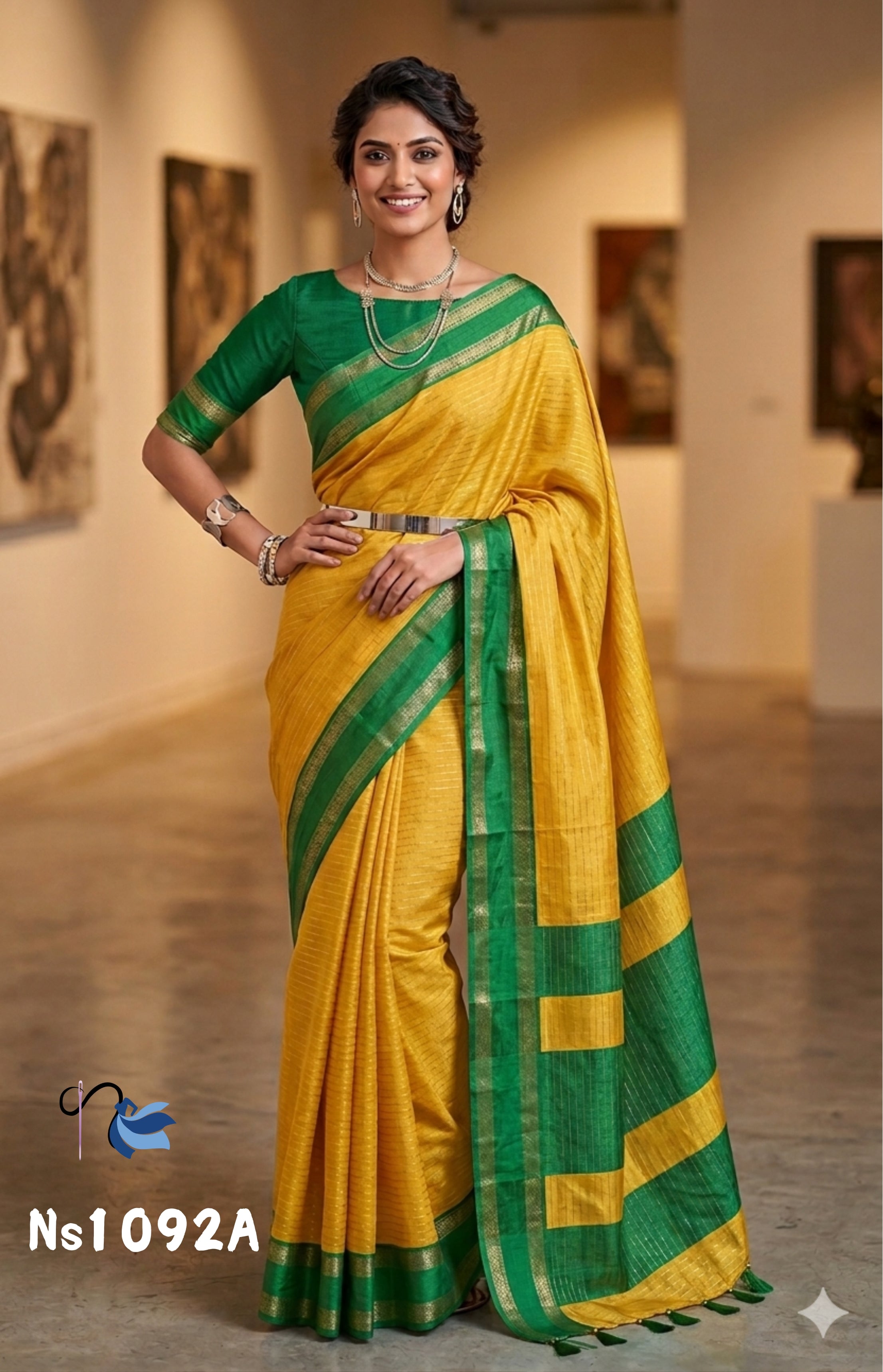 ​A woman showcasing a vibrant yellow and green Mysore weaves Dola Silk saree with rich zari details, styled as part of the NAANAL luxury collection.