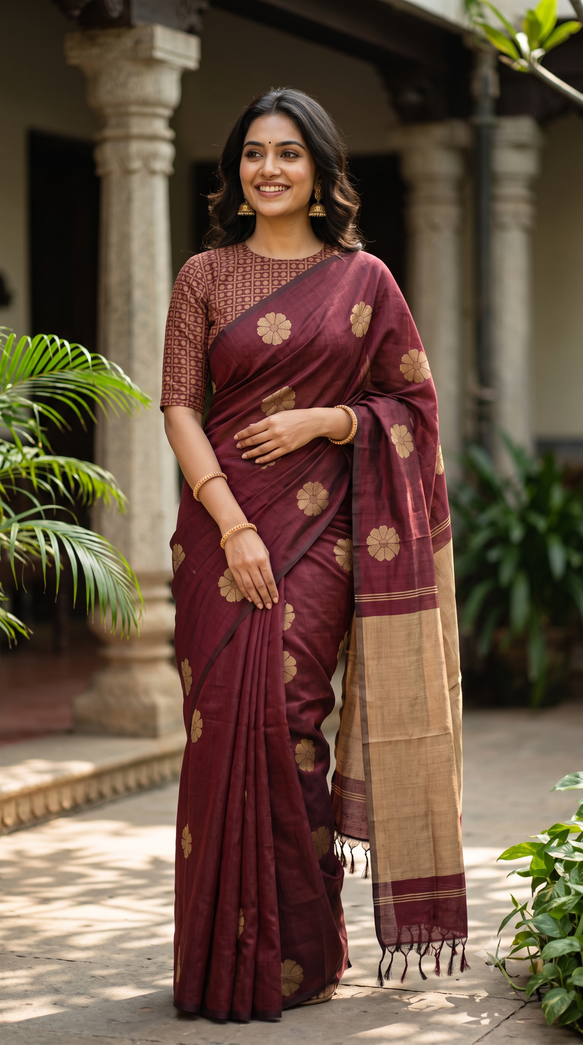 Borderless Maroon Printed Silk Cotton Saree | NAANAL