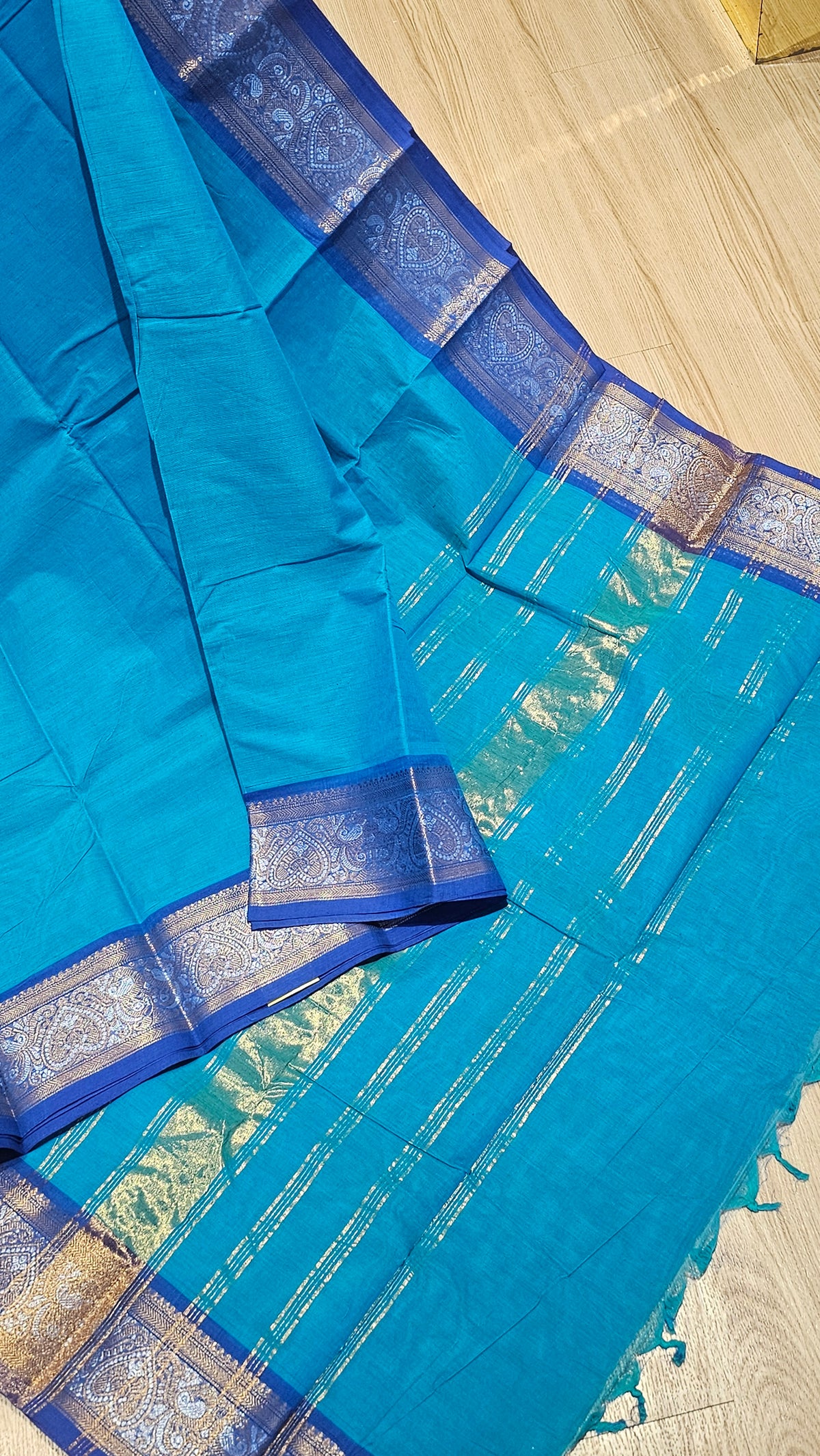 Authentic Bright Blue Chettinad Cotton Saree with Gold Zari Border| Naanal
