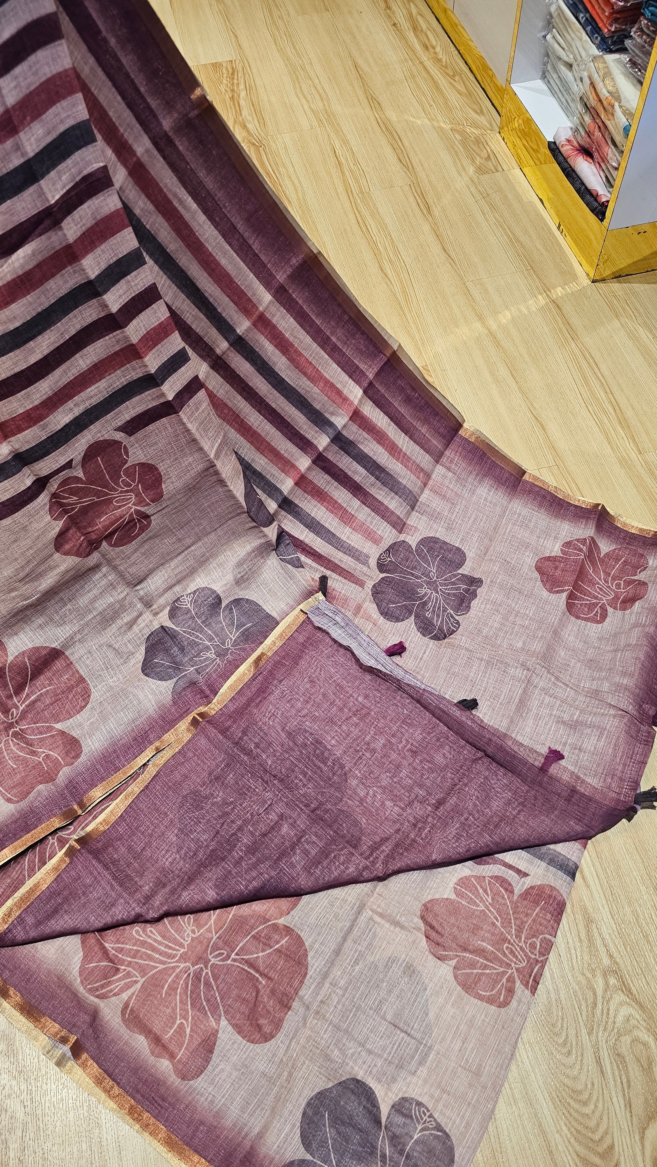 Elegant Floral Linen Cotton Saree | Breathable Office Wear | NAANAL