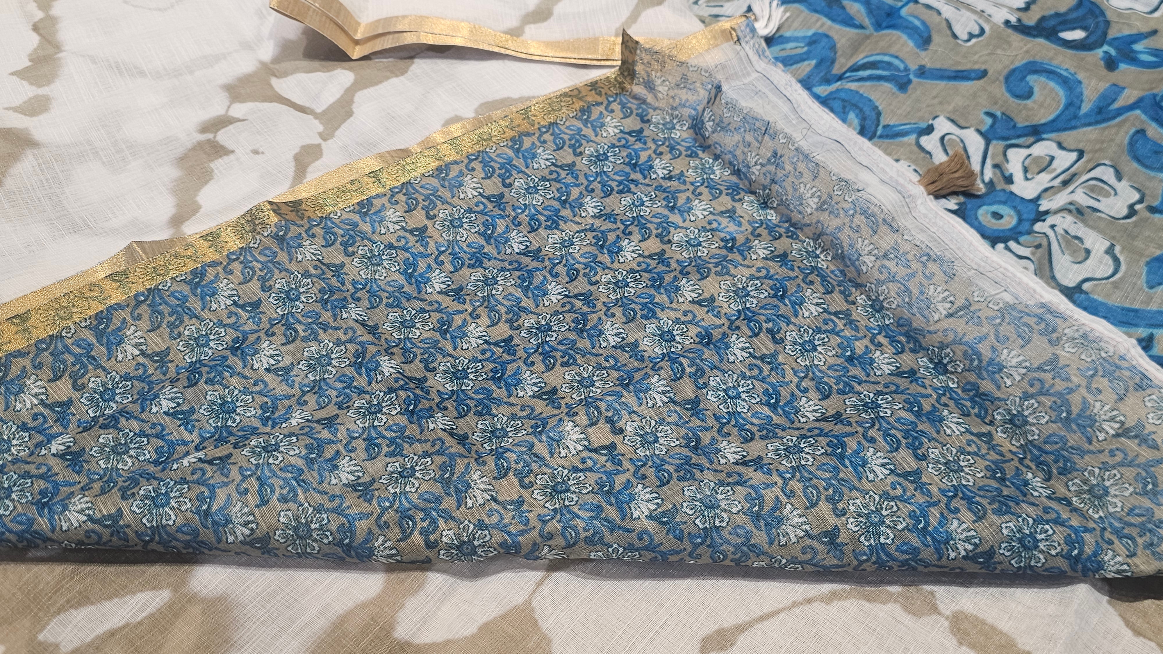 White & Olive Linen Cotton Saree with Blue Floral Pallu| Naanal