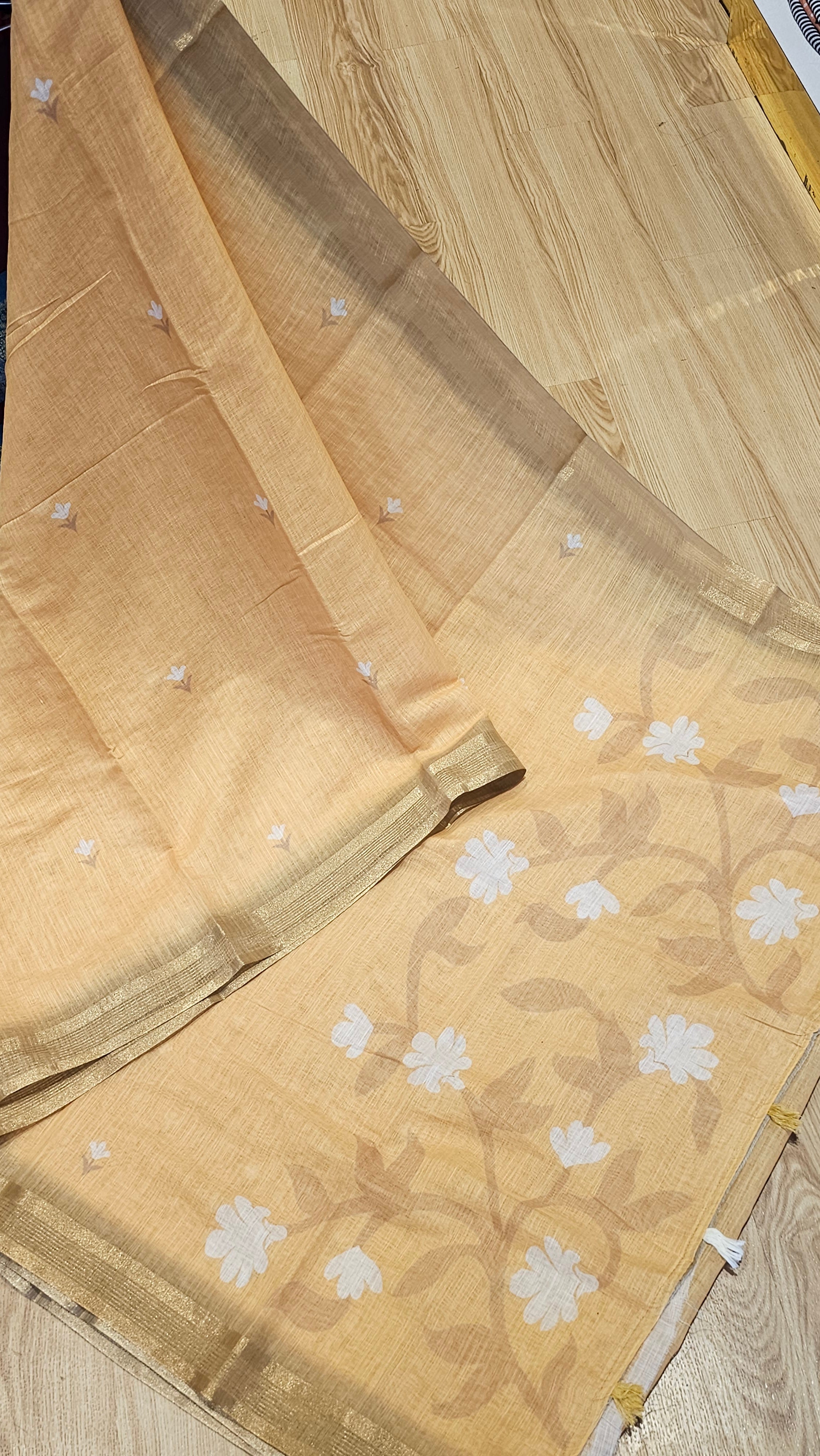 Elegant Light Peach Floral Linen Saree | NAANAL