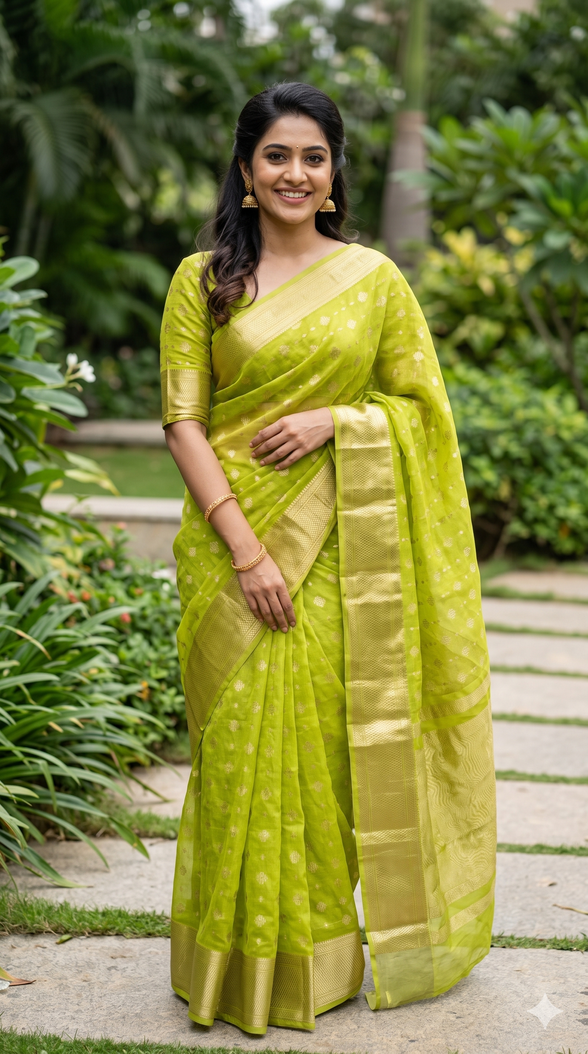 A woman wearing a bright lime green saree with a wide gold border stands outdoors on a garden path surrounded by green plants.